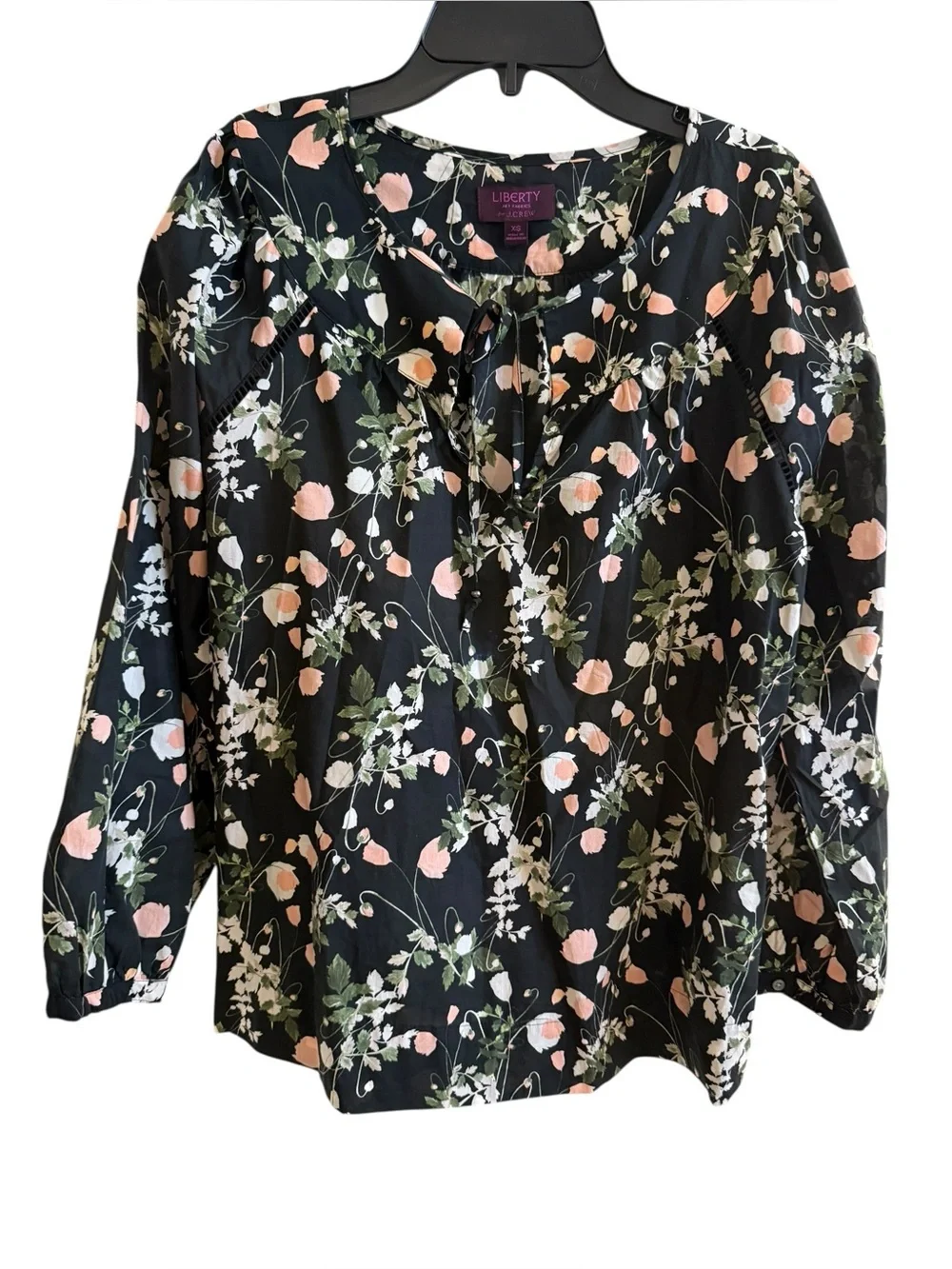 J. Crew Black Poppy Dream Liberty Floral Front Tie Peasant Blouse